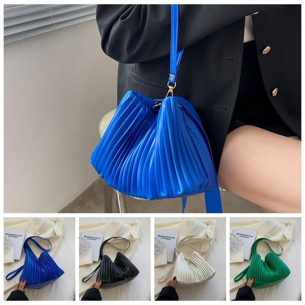 

Сумка из искусственной кожи на шнурке, однотонная плиссированная сумка-ведро, повседневная плиссированная сумка через плечо для женщин