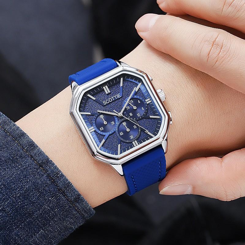 Fashion Large Dial Personalized Square Watch Men S Belt Temperament Three-Eye Multi-Functional Trendy Men S Watch