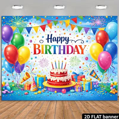2D Bright Rainbow Birthday Party Backdrop with Balloons and Cake Photo Background
