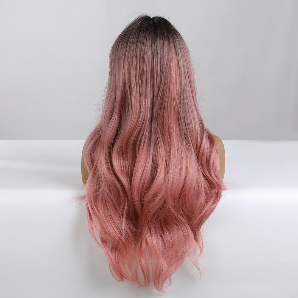 26 Inch Brown Gradient Pink Ombre  Long Curly Hair With Bangs Elegant and Fashionable Synthetic Wig For Ladies KTB