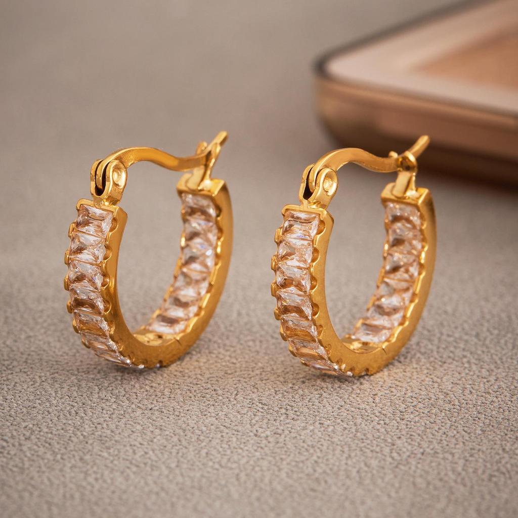 Oumaka Minimalist Zircon Earrings: Double-Sided Stainless Steel, 18K Gold-Plated