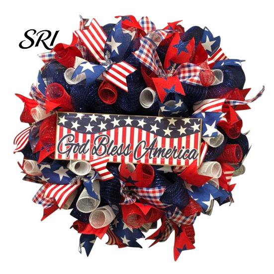 4th Of July Wreath Patriotic for Front Door Handmade of Hanger Red Reusable Holiday White Blue American Wooden Hanging Plaque Wall Porch Memorial Day