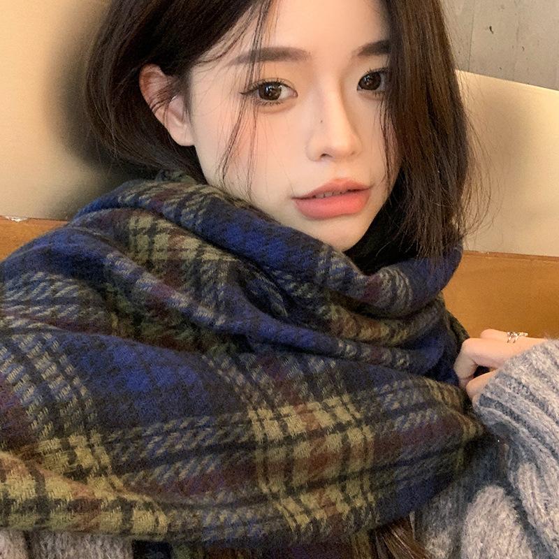 

Casual tassel fashionable personalized woven label plaid cold-proof scarf winter warm and comfortable neck protection versatile scarf scarf синий