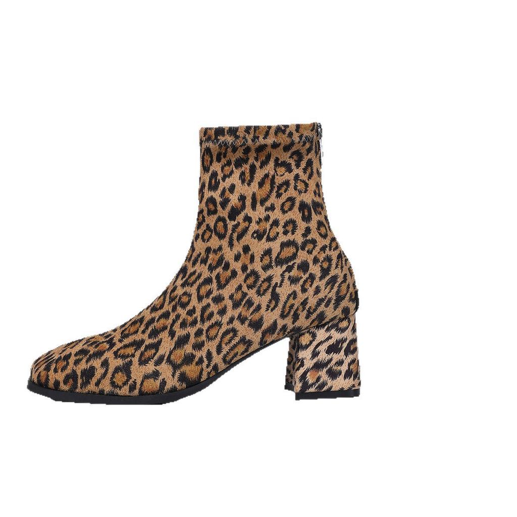 Foreign Trade New European and American Style Leopard Print Square Head Thick Heel Short Boots Women's Suede Medium Heel Short Tube Rear Zipper Martin