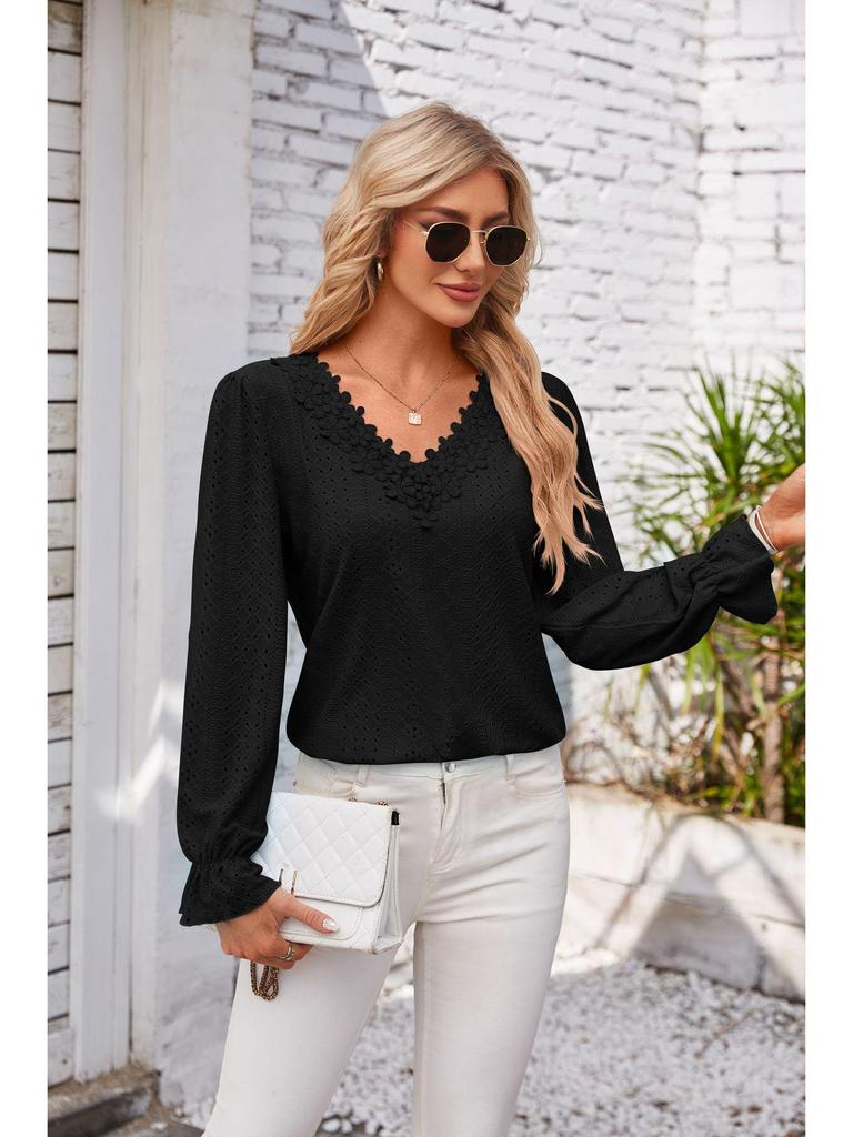 2024 Women's Solid Color V-Neck Long Sleeve Casual Loose T-Shirt