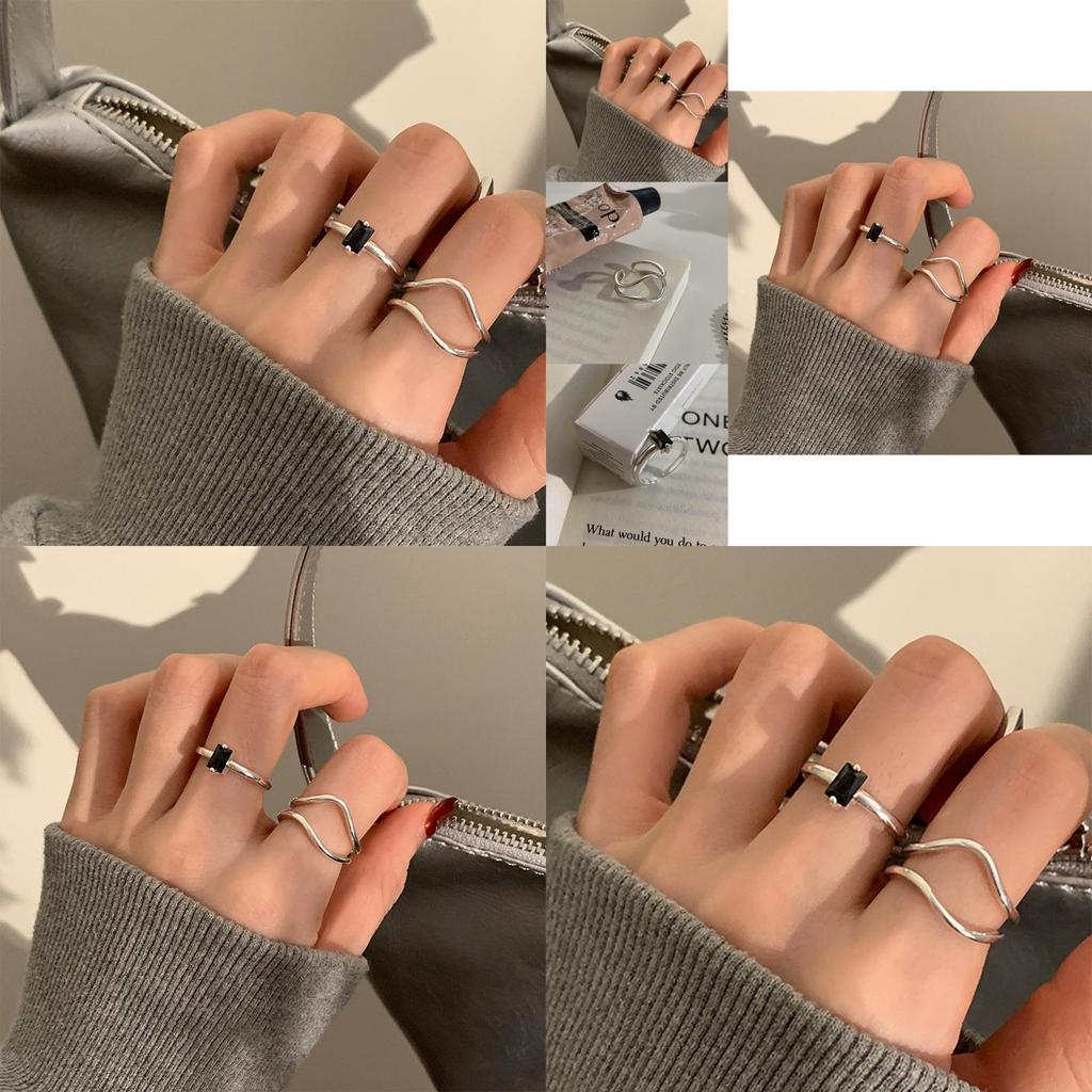 Trendy Black Zircon Wave Ring For Women Stylish Adjustable Copper Geometric Design