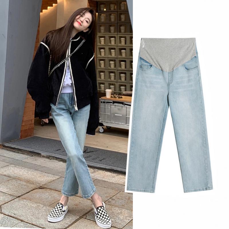 2025 Autumn/Winter Light Blue Plus Size Velvet-Lined Maternity Denim Cigarette Pants M