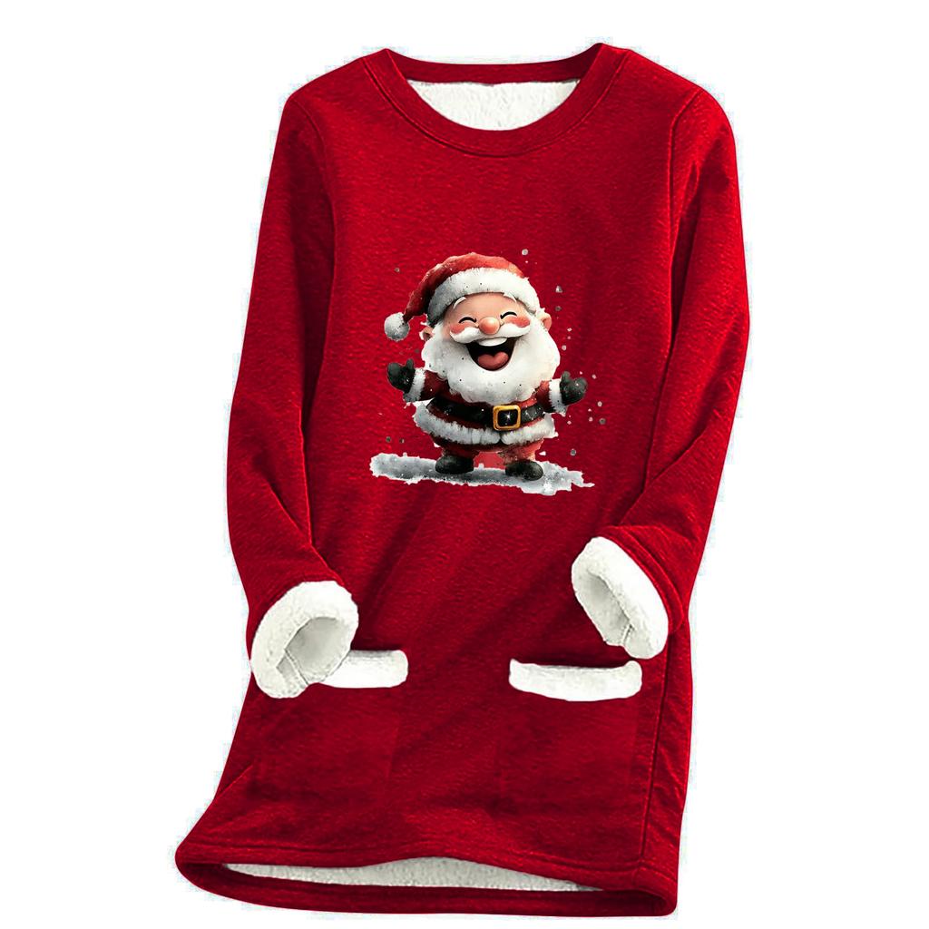 Ladies' Loose And Comfortable Round Neck Christmas Print Thick With Pockets Long Sleeved Top