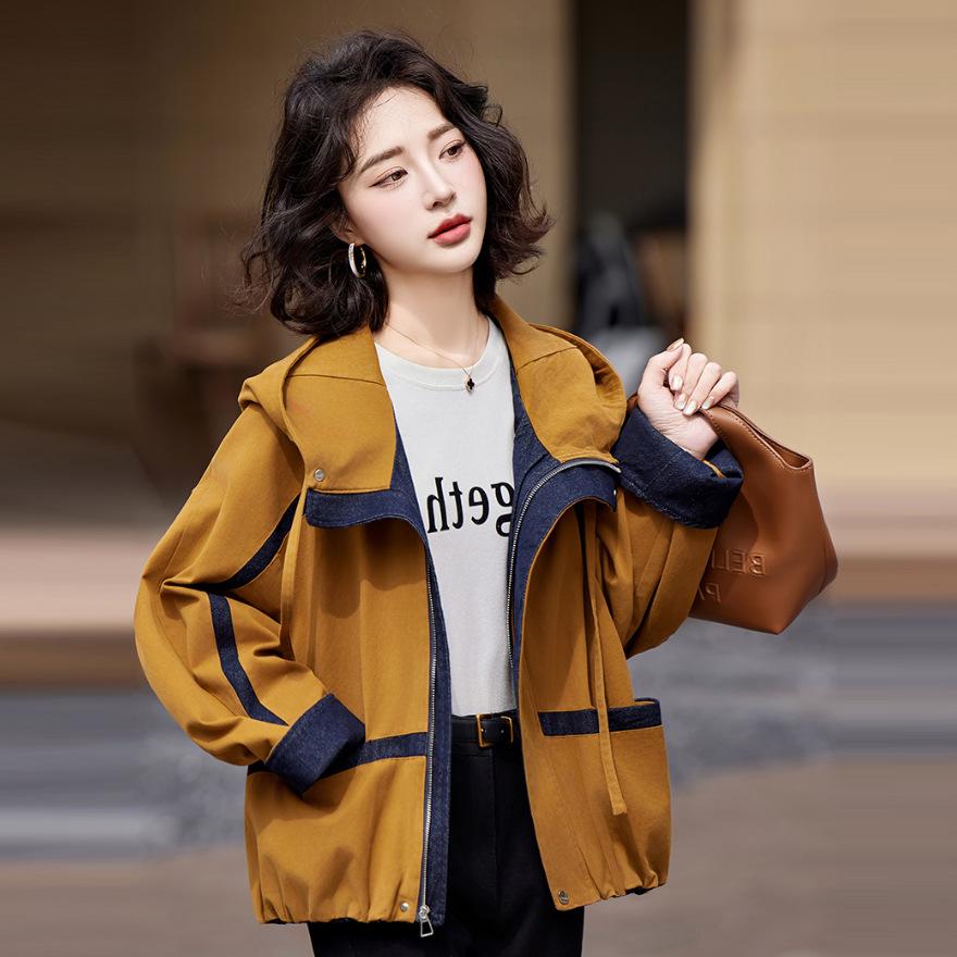 Spring and Autumn New Design Sense Casual Loose Coat Women's Contrasting Color Hooded Jacket Top