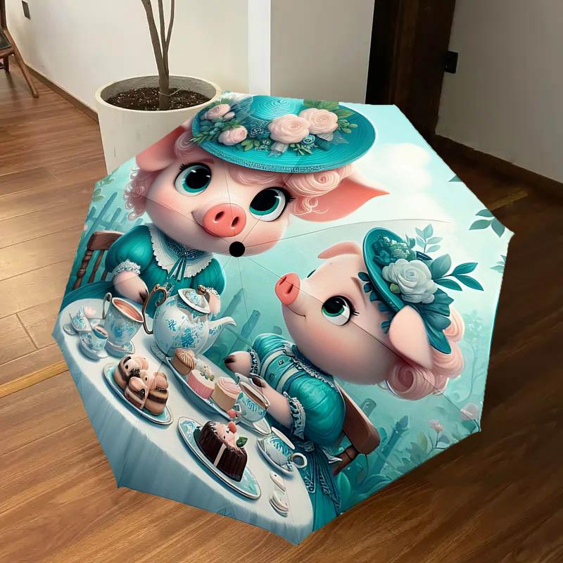 1PC Tea Party Pig Umbrella-8-Rib Reinforced, Automatic Open, Lightweight & Durable, Cute Fashion Accessory for Outdoor-T371