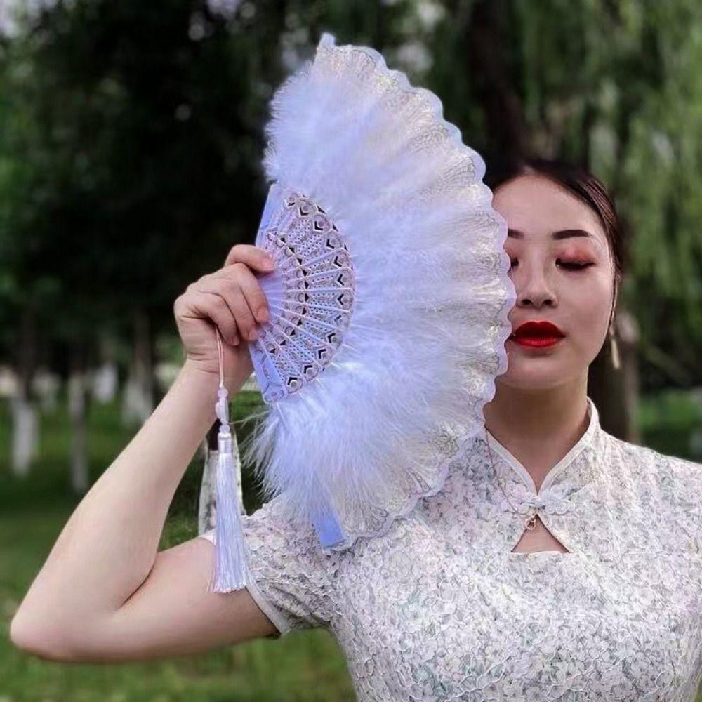Multicolor Hand Fan Lace Wedding Party Bride Fan White Fur Folding Fan  Hand Held Party Decoration