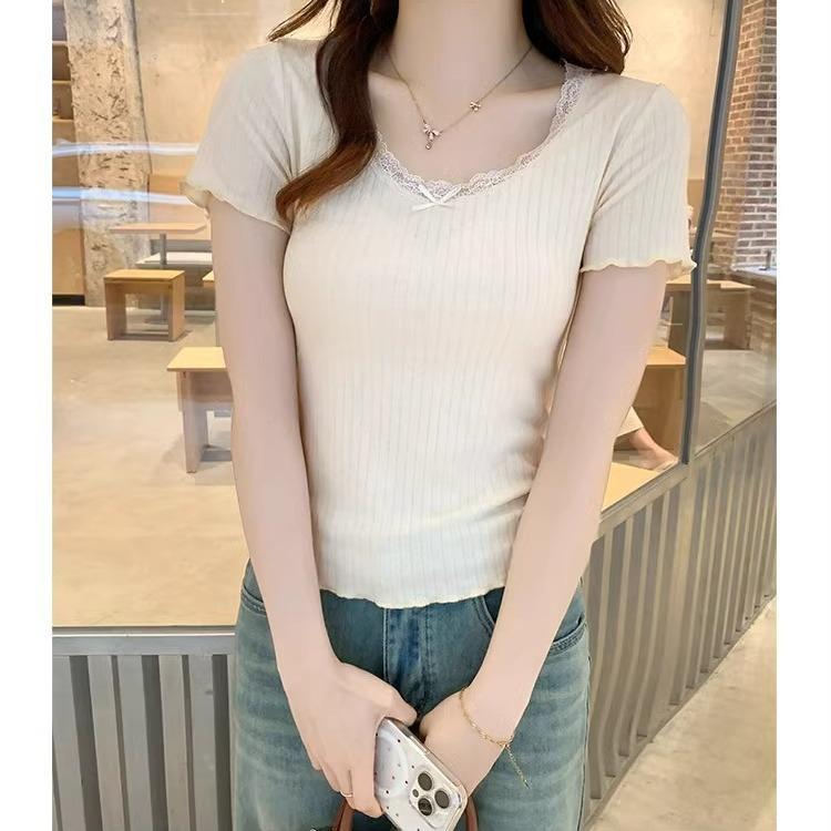 U-neck Clavicle Pure Desire Sweet Hottie Lace Short-sleeved T-shirt Women's Spring and Summer Design Short Right-shoulder Bm Top