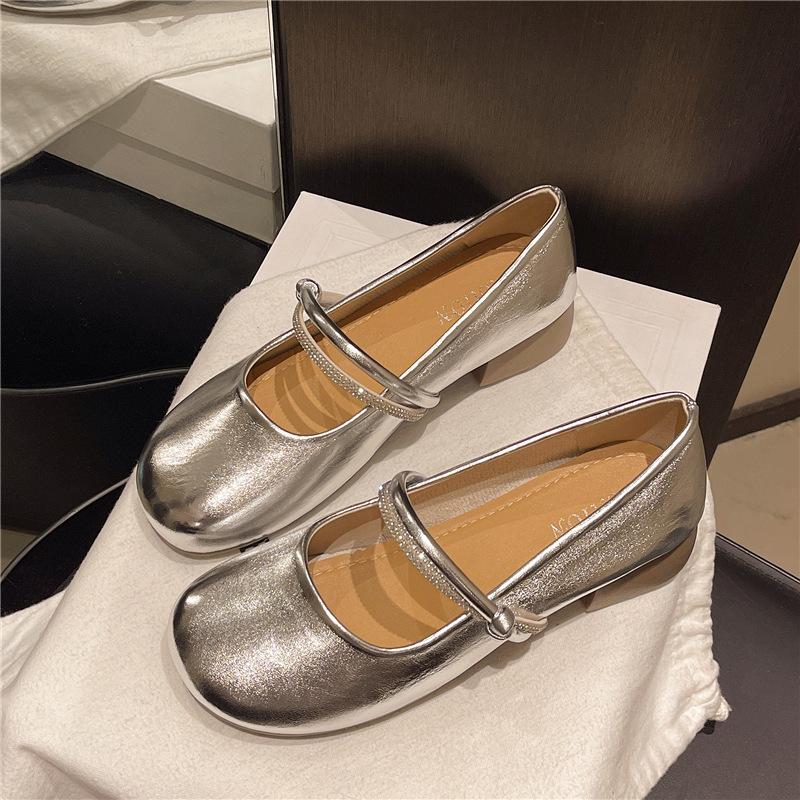 Coarse-heeled single shoes for women's spring and autumn new rhinestones with skirts, shallow mouth and small leather shoes for women