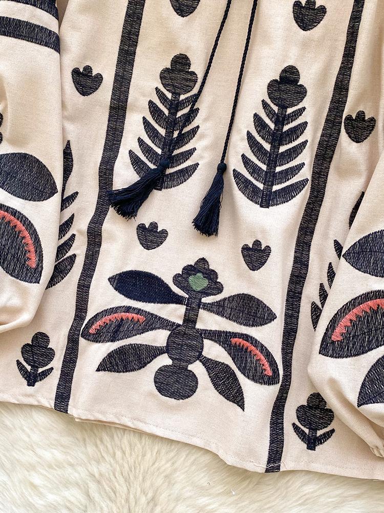 Primavera Otoño Nuevo Vintage Camisa Manga Farol Mujer Bordado Cuello Redondo Tirante Suelto Casual Blusa Top