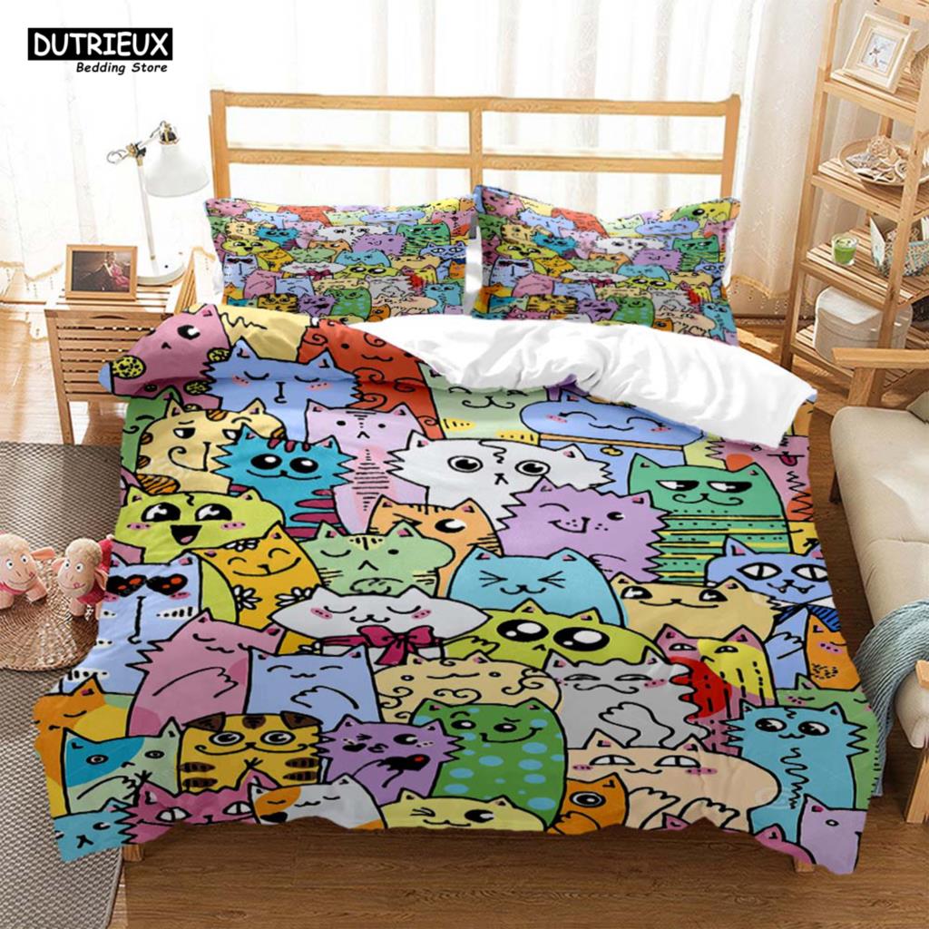 Cute Cat Print Quilt Cover Pillow Cover  Bedding Set Luxury Queen Bedding Set Cute Style Customized  children‘s  Bedding Set