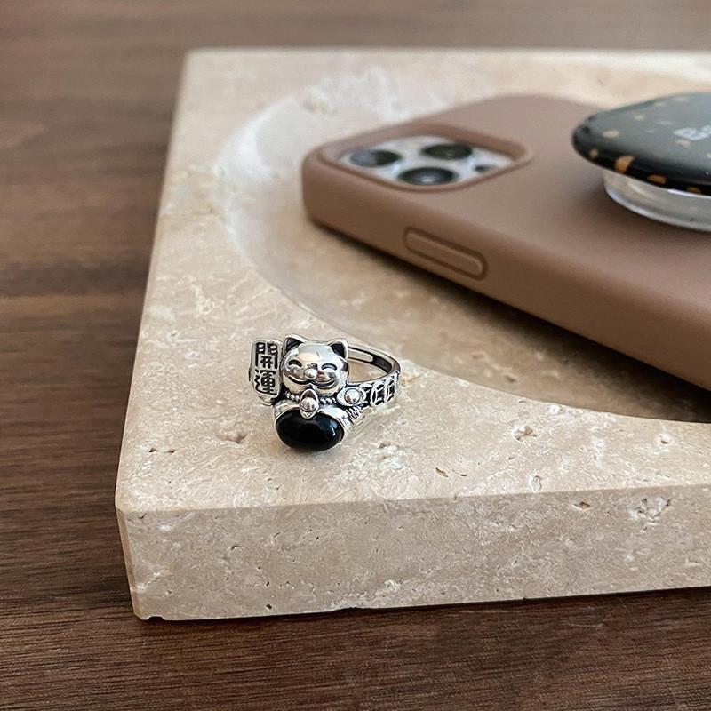 

Adorable Black Zircon Cat Ring Unique Design Trendy 2023 Vintage Adjustable Finger Accessory J3647