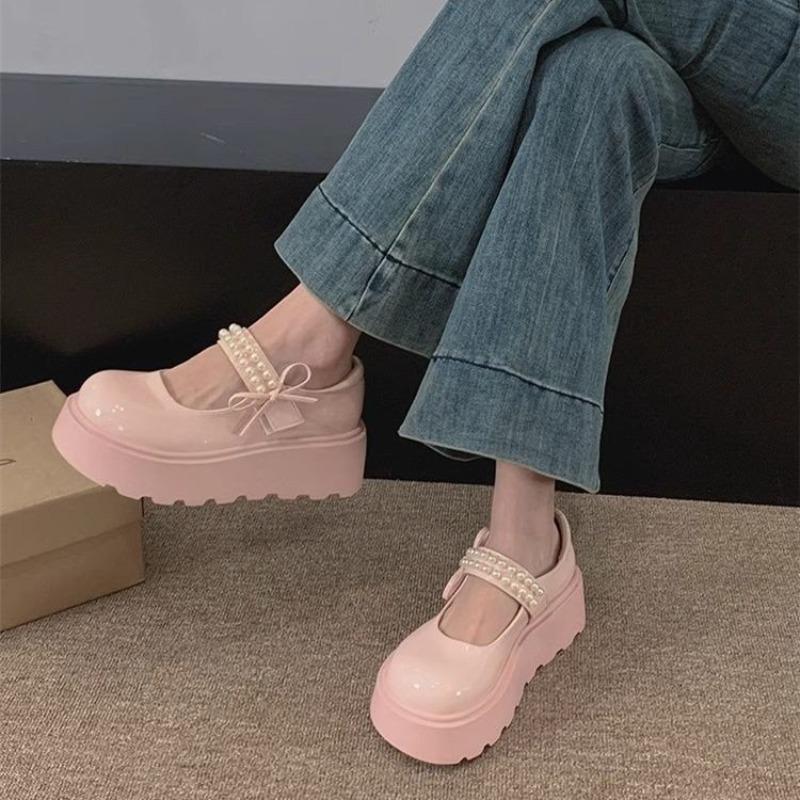 Fashion Bow Platform Single Shoes Autumn New Round Toe Shallow Mouth Beaded Non-Slip Wear-Resistant Wedge Mary Jane Shoes