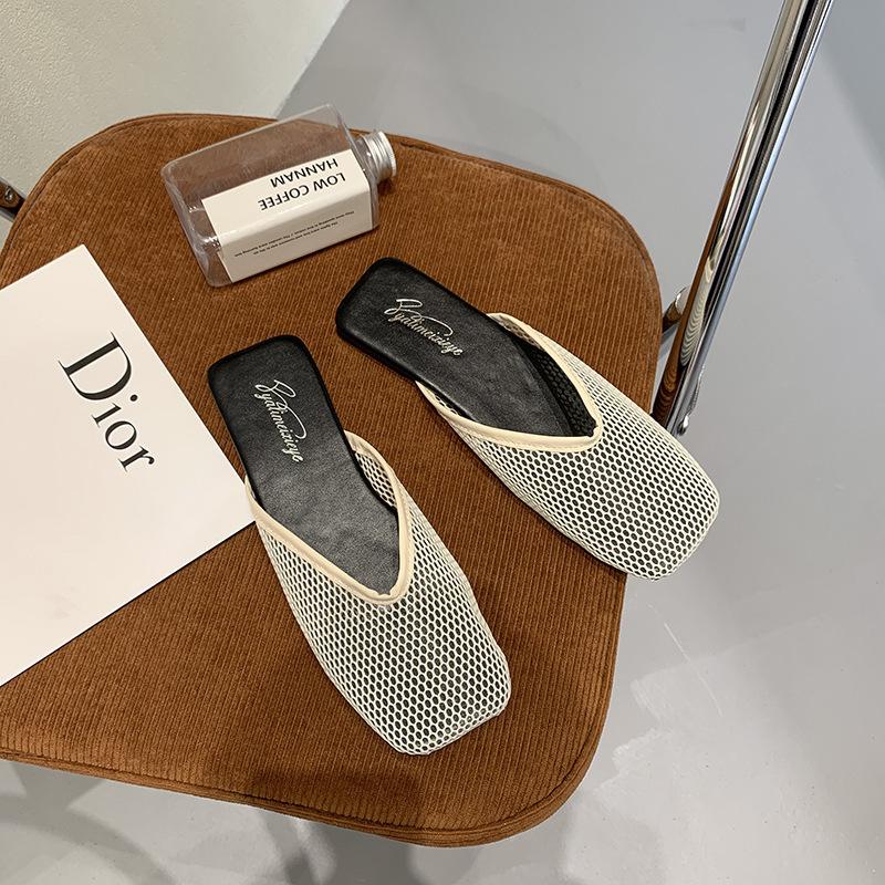 Papuci Baotou de vară pentru femei, cu talpă plată, la modă, pentru exterior, simpli, antiderapanți, sandale leneșe, plasă respirabilă goală, pantofi de damă