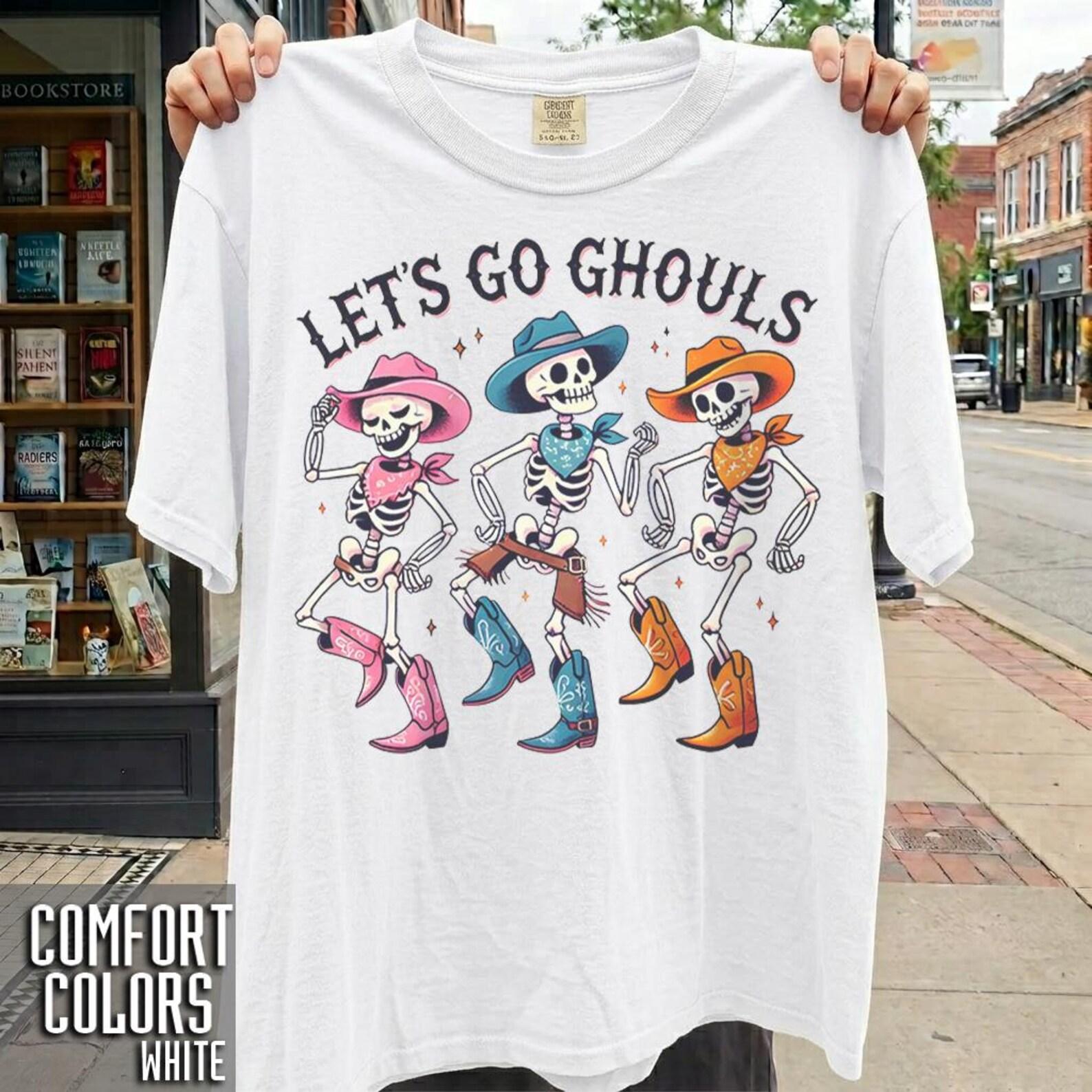 Let s Go Ghouls Halloween T-Shirt — Dancing Skeletons Graphic Tee L