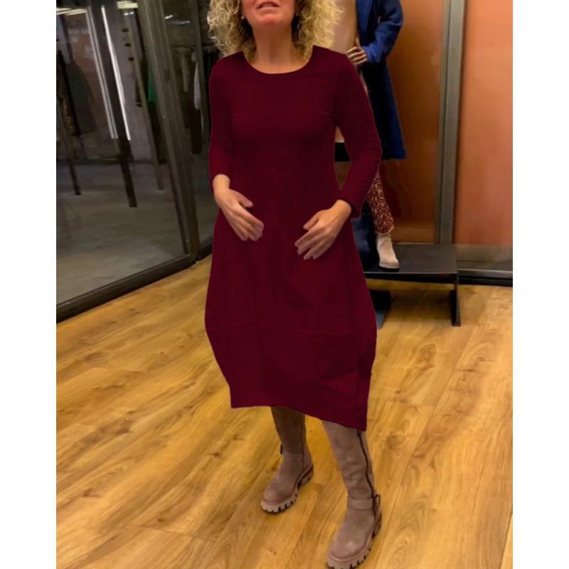 Autumn and winter new European and American versatile solid color round neck long-sleeved dress women's clothing