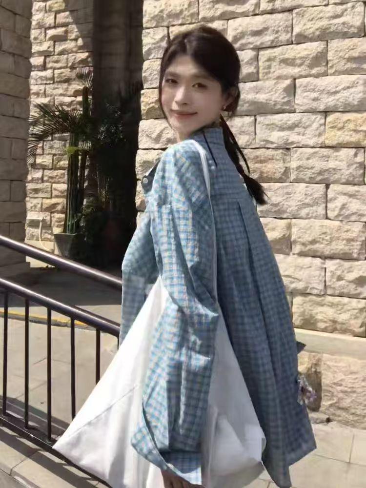 Women's Korean Style Blue Plaid Loose Shirt Jacket - Early Autumn Chic Design