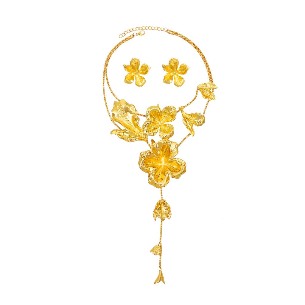 Gold Plated Alloy Carved Flower Necklace Earrings For Women Y-Shape Floral Pendant Jewelry Set Trendy Party Wedding Accessory