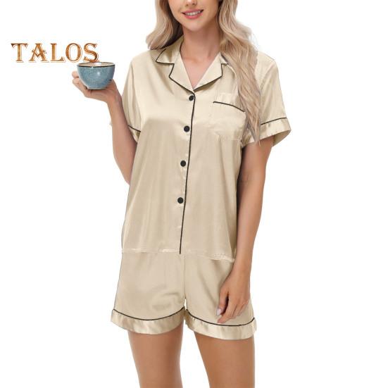 2-teiliges Pyjama-Set, Satin, einreihiges Cardigan-Hemd, V-Ausschnitt, Reverskragen, einfarbiges Hemd mit Brusttasche, lockere Shorts, Nachthemd, Nachtwäsche