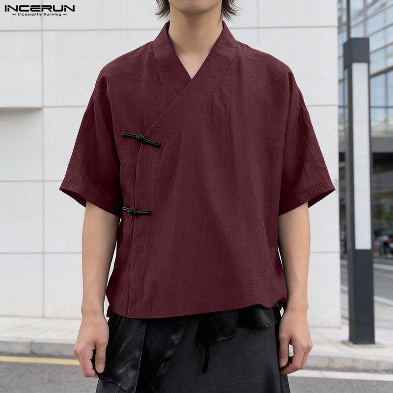 INCERUN Camicie Casual Estive Oversize da Uomo con Scollo a V a Maniche Corte Nodo Retro Top