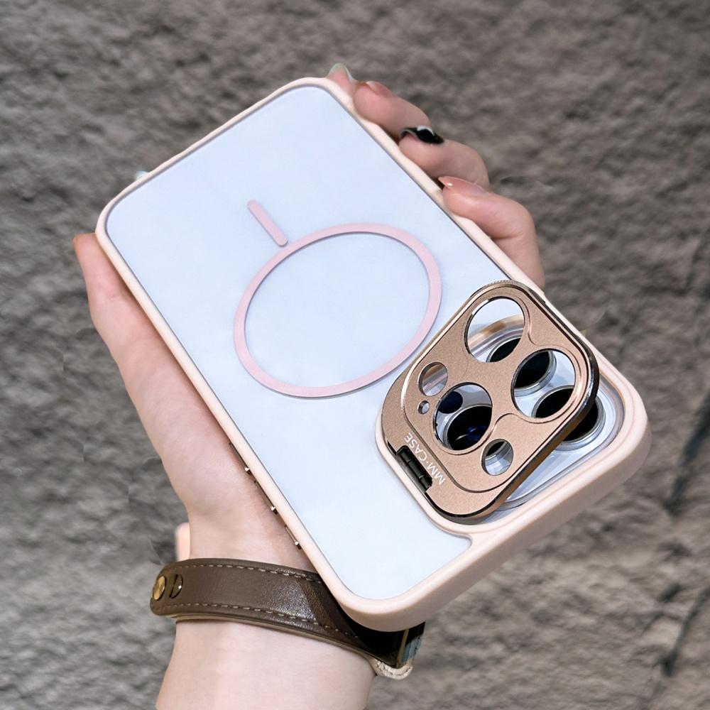 Metalic Camera Stand Protection Phone Case For iPhone 16 15 14 Plus 13 12 11 Pro Max Transparent Magnetic Wireless Charge Cover