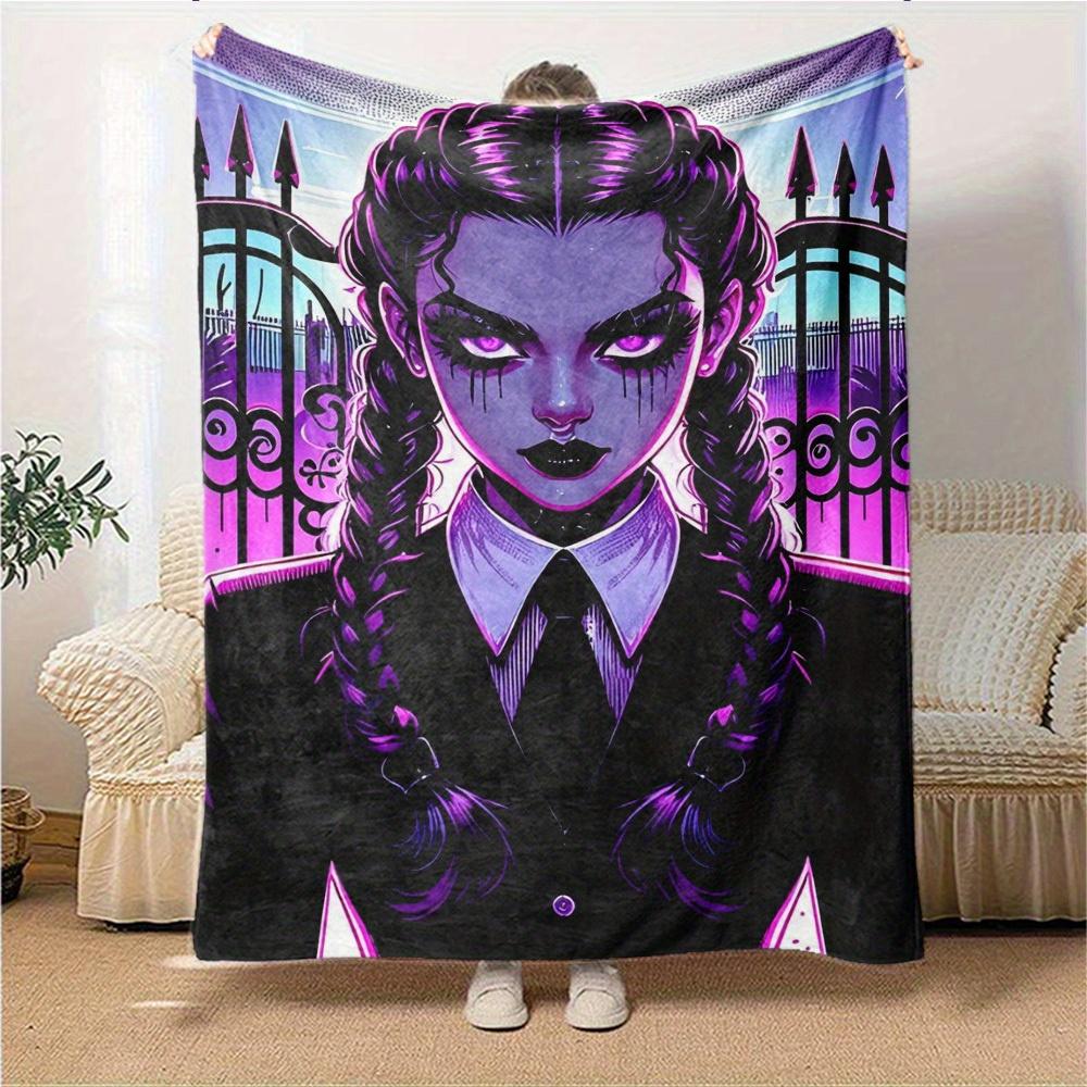 1pc Gothic, Wednesday Digital Printed Flannel Blanket, Super Soft Plush  Bed Cover, Multipurpose Quilt for Sofa, Bed, Office,02