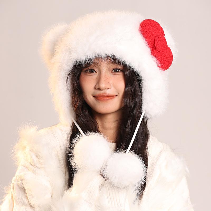 Red Bow Hat for Women Cute Animal Fashion Warm Plush Hat Autumn and Winter New Cartoon Ear Protection Lei Feng Hat