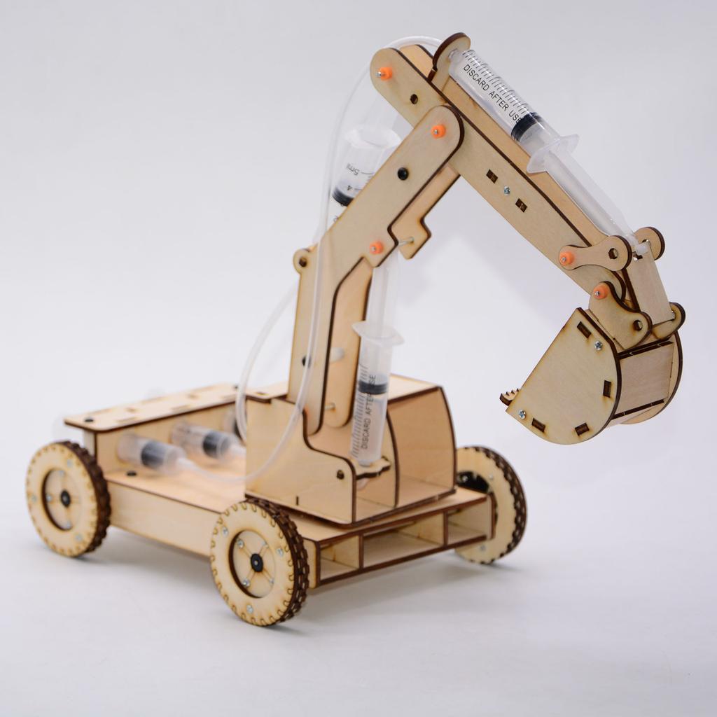 Wooden Hydraulic Excavator Model No.2 DIY Steam Experiment Set with Rotatable Wheels - Scientific Small Production Kit