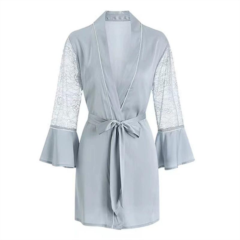 Flare Sleeve Robe Short Kimono Gown Sexy Lace Sleeve Bathrobe Satin Sleepwear Women Bathrobe