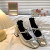 2025 New Versatile Silver French Bow Mary Jane Skirt Shoes - Women's Chunky Heel Spring Edition