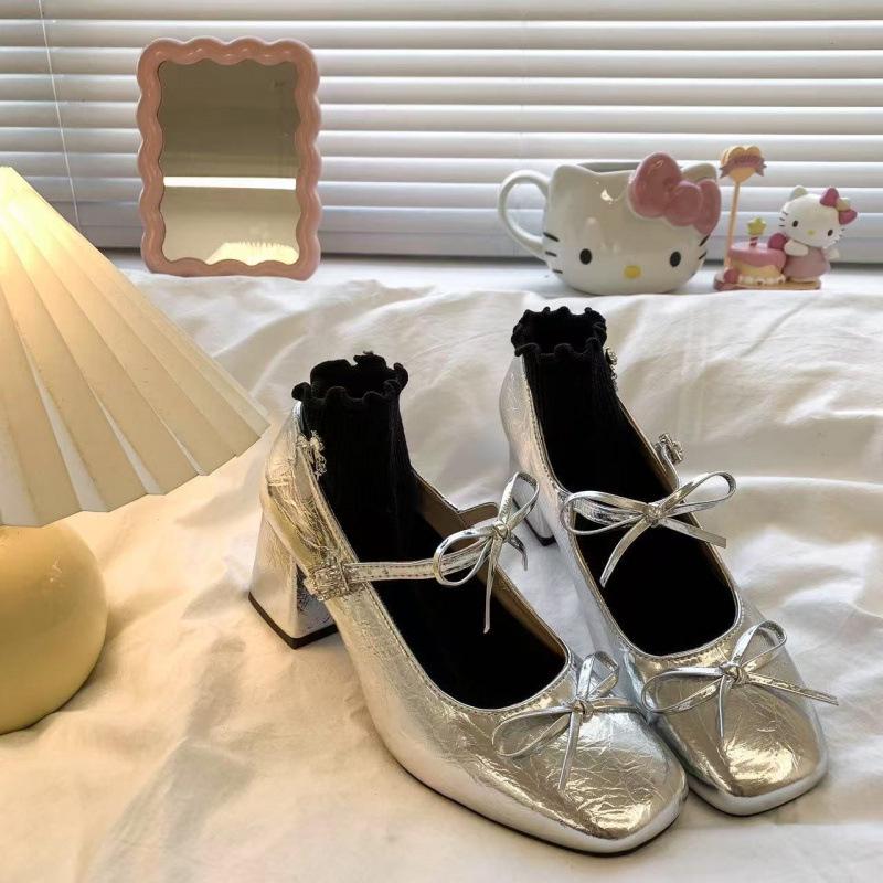 2025 New Versatile Silver French Bow Mary Jane Skirt Shoes - Women's Chunky Heel Spring Edition