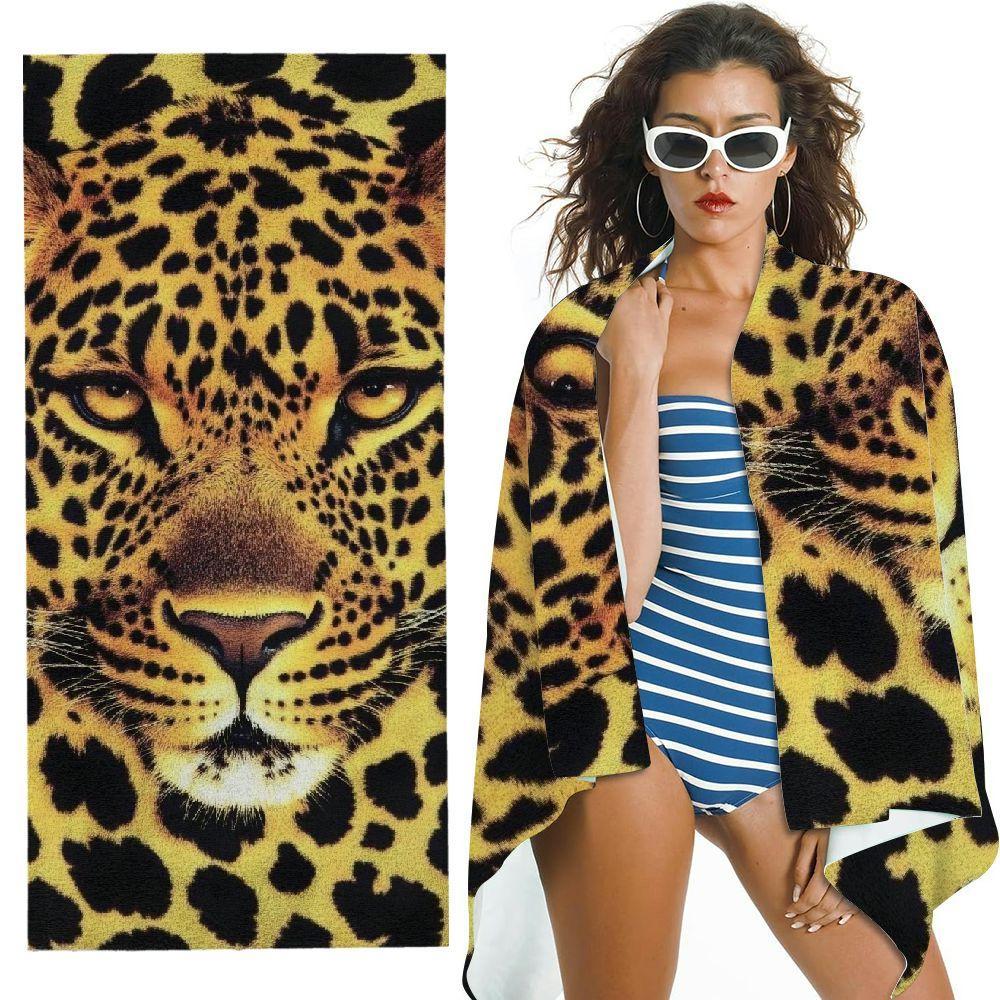 Realistic Leopard Face Animal Print Beach Towel Trendy Wild Pattern Quick Dry Towel For Fashion Outdoor Swimming Seaside Use
