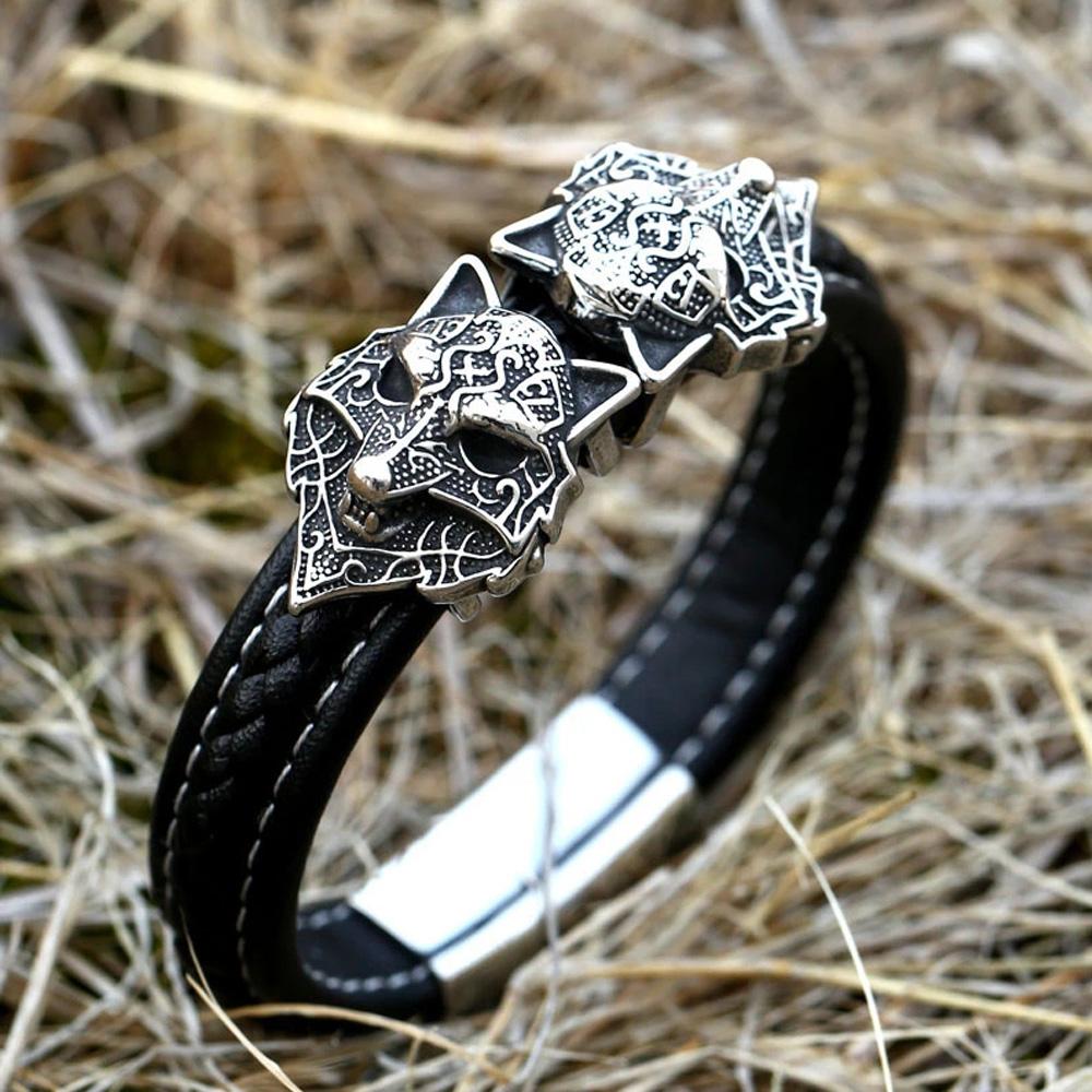 Vintage 316L Stainless Steel Viking Wolf Head Bracelet for Men Punk Biker High Quality Leather Bracelet Viking Jewelry Gift