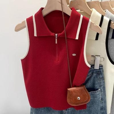 Women's Red Collared Sleeveless Outer Wear Knit Camisole Summer High-end Stylish Unique No Same Style Top