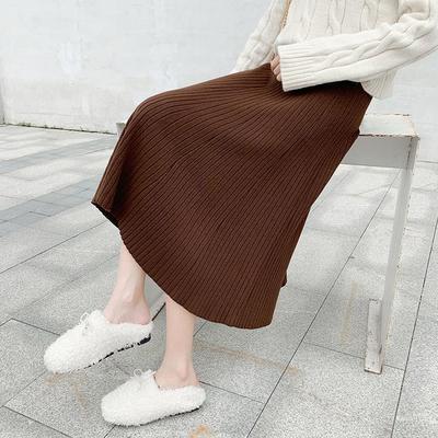 Koreanischer gestrickter Faltenrock Langer Damen-Herbst-Winter-langer Rock Hohe Taillenröcke Grau Khaki Blau