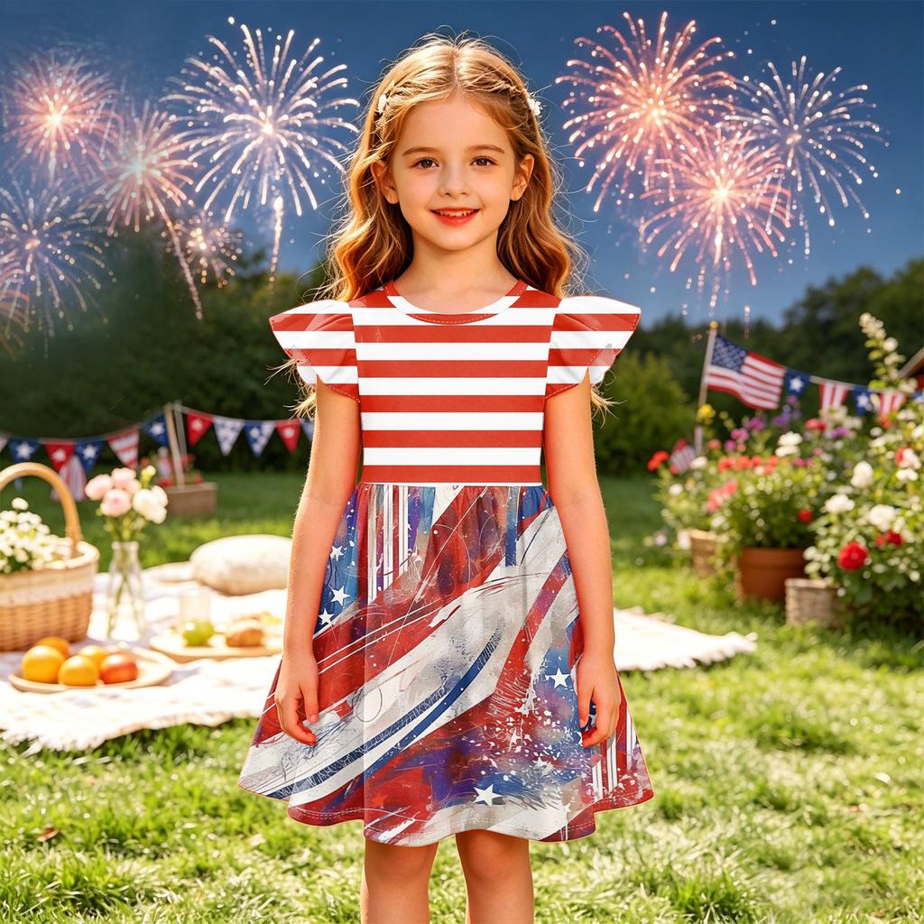 Girls' Summer Princess Dress - A-Line T-Shirt Dress Independence Day