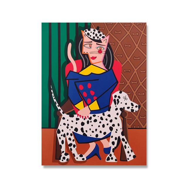 Solid Wood Frame Cartoon Cute Cat Lady with Dog Poster And Prints Animal Canvas Painting Abstract Wall Picture For Living Room Bedroom Home Decor