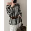 Korean Wavy Stripe One-Shoulder Knit Top with Belt for Women - Elegant, Trendy, Versatile Spring/Autumn Arrival