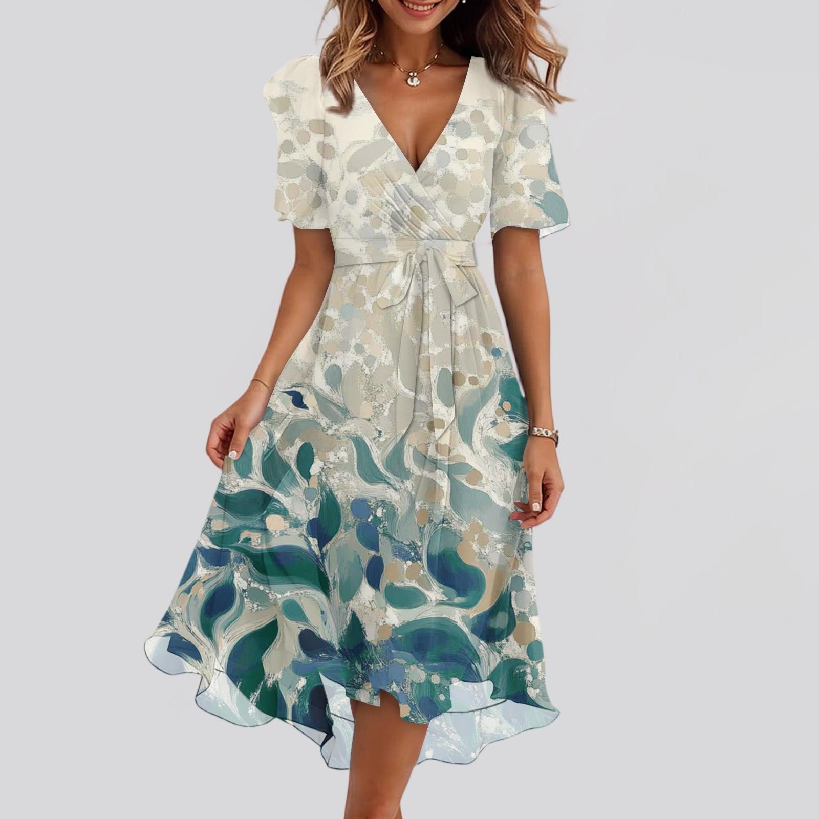 Women s Fashion V Neck Short Sleeve Ruffled Vintage Printed Dresses L зелёный
