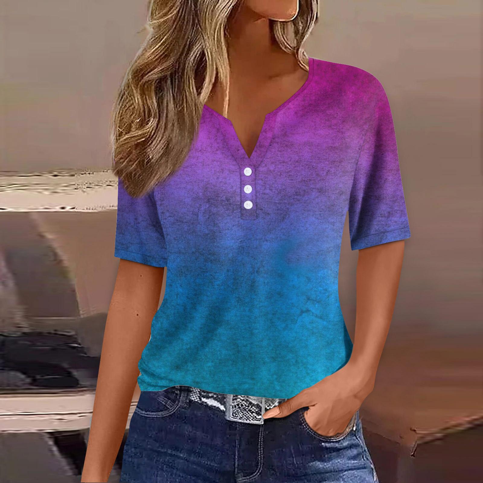 

Жіноча футболка з принтом на ґудзиках, з коротким рукавом, щоденна мода на вихідні, базовий V-подібний виріз, звичайний топ XXL синій