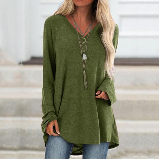 Taglie Forti Donna Tinta Unita Manica Lunga Scollo a V Pullover Largo Midi Camicetta Top