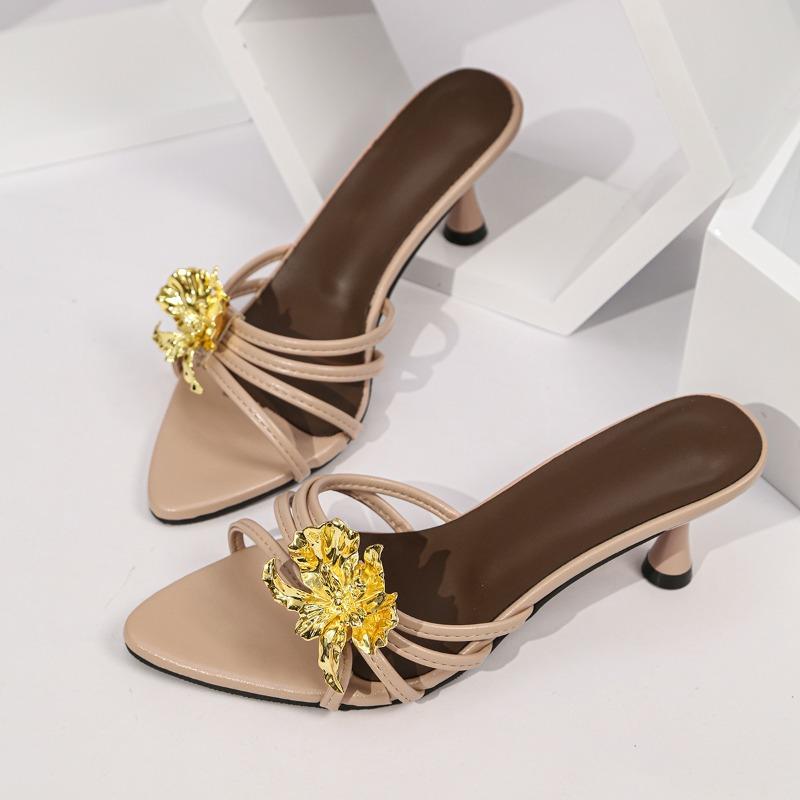 Temperament Stiletto Slippers Summer Women Open Toe Outside Wear Metal Flower Sexy High Heels