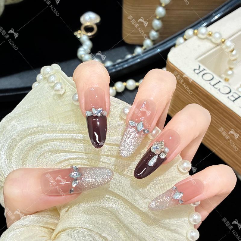 French Inlaid Rhinestone Diamond Patchwork Medium-Long Wearable Nails XS (Long Oval)