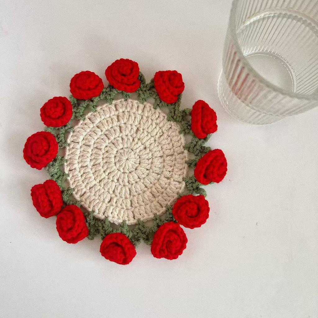 Rose Bouquet Coaster Hand Woven Rose Bouquet Placemat Crochet Flower Placemat Plant Ornament Decor Finished Product Gift