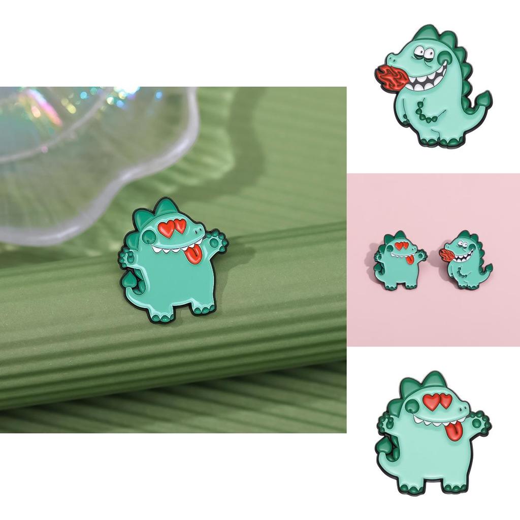 Playful Green Cartoon Dinosaur Inspired Brooch With Heart And Rose Design Couples For