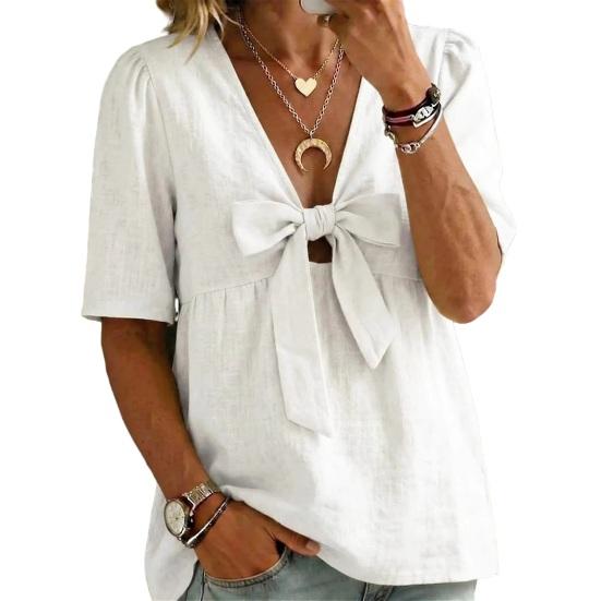 

Женская рубашка однотонная свободного кроя в стиле для поездок на работу повседневные топы с декором в виде банта спереди летние пуловеры S белый